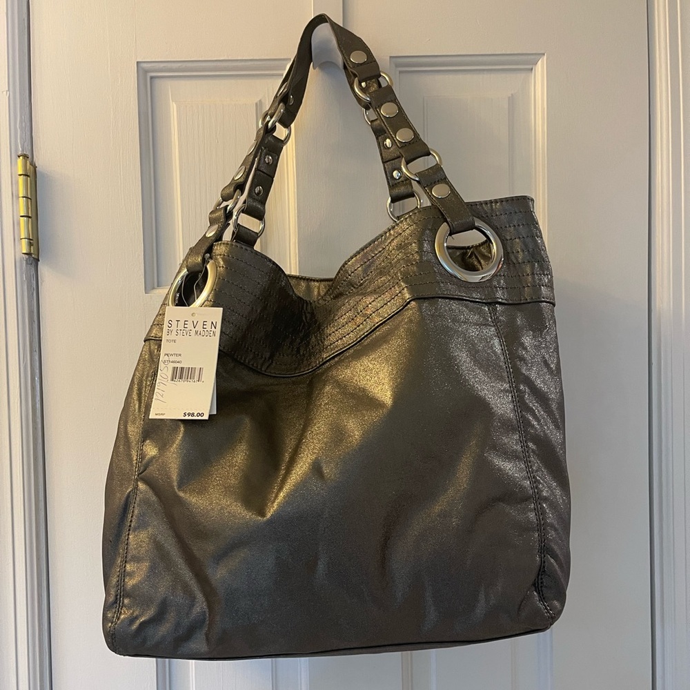 New Steve Madden Gun Metal Gray Tote Bag with Silver Design on Handles (NWT)